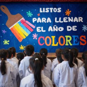 Telón escolar “Listos para llenar el año de colores”