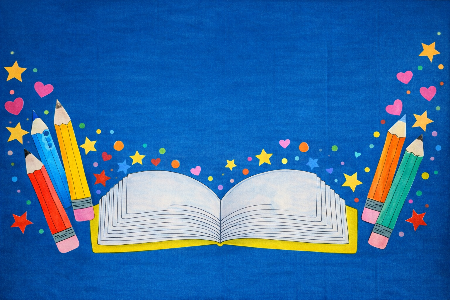 Telón escenográfico escolar infantil – Libro y lápices (sin texto)